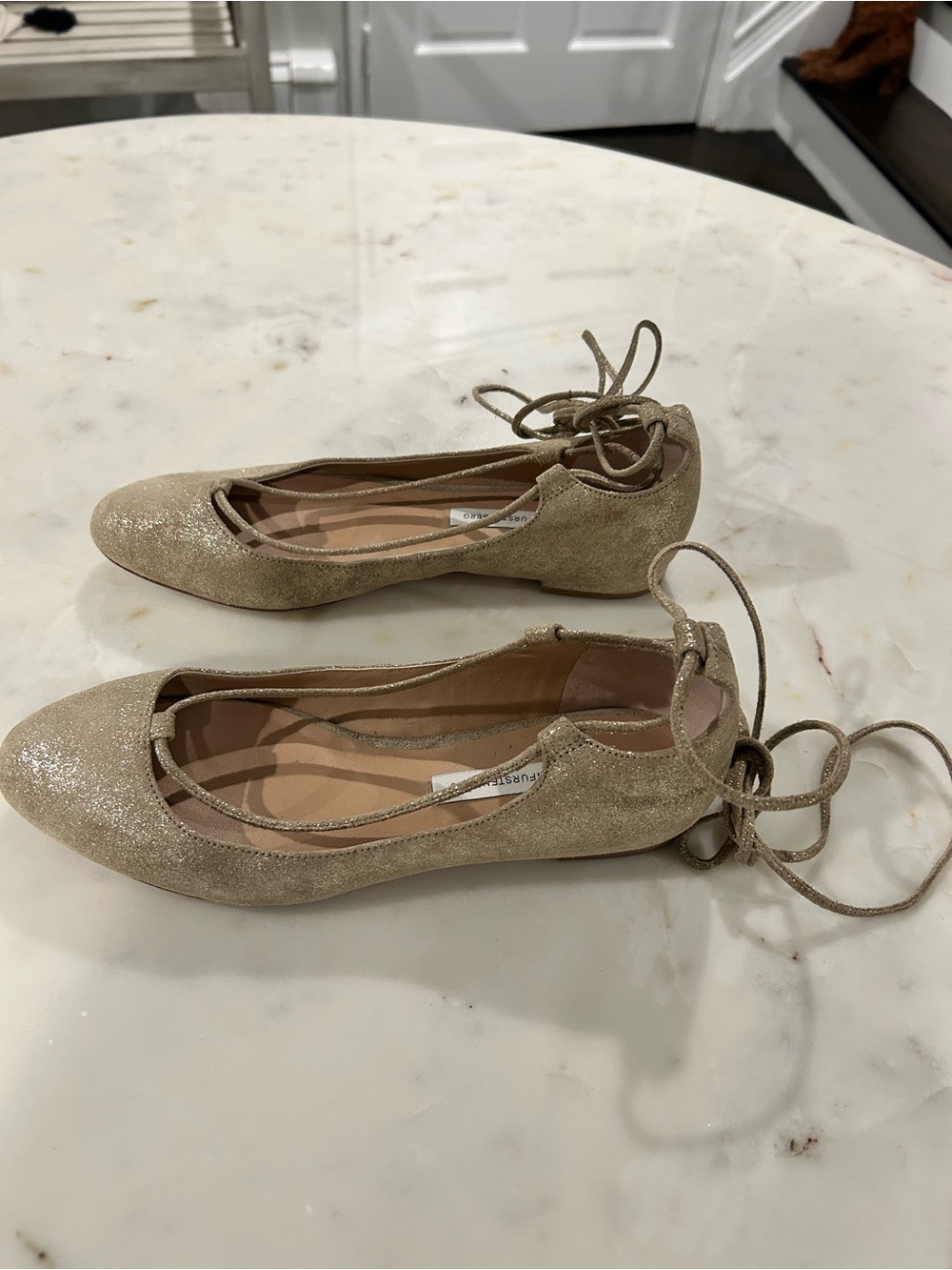 Diane von Furstenberg Gold Glitter Lace-Up Women's Ballet Flat 6.5